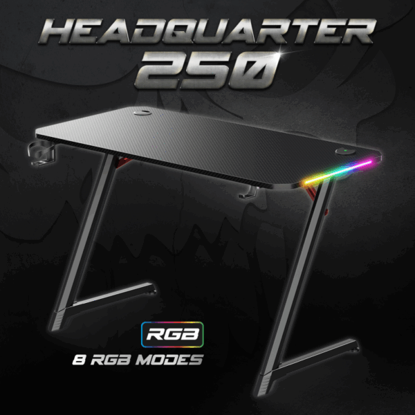 Bureau gaming HEADQUARTER 250 – Plateau carbone 120×60 cm & LED RGB intégrées